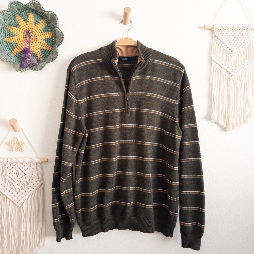 Van Heusen Olive Green Stripe Sweater Size Large